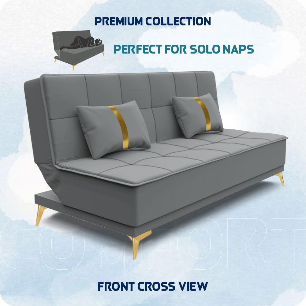 Adorn India Premium New Alyssum 3 Seater Sofa Cum Bed 4X6 Velvet Suede with 2 Cushions (Color Grey) and Suitable for All Indoor, with 3 Years Warranty