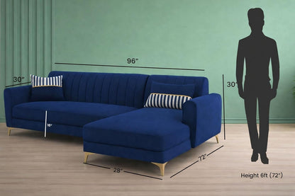 Adorn India Premium Luster 6 Seater L Shape Sofa Set | Velvet Suede Fabric | 3-Year Warranty | RHS |Color Blue with Golden Legs & Striped Pattern Cushion