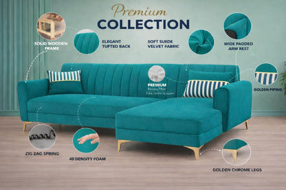 Adorn India Premium Luster 8 Seater L Shape Sofa Set with 2 Puffy & 1 Center Table | Velvet Suede Fabric | 3-Year Warranty | RHS | Aqua Blue with Golden Legs & Striped Pattern Cushion