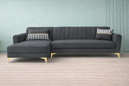 Adorn India Premium Luster 8 Seater L Shape Sofa Set with 2 Puffy & 1 Center Table | Velvet Suede Fabric | 3-Year Warranty | LHS | Dark Grey with Golden Legs & Striped Pattern Cushion