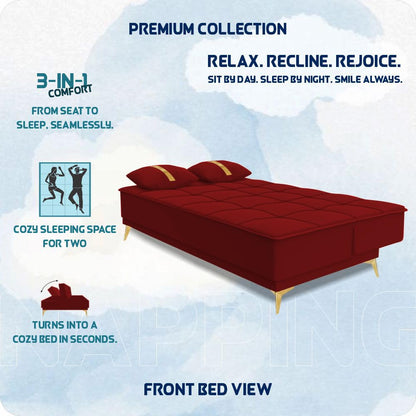 Adorn India Premium New Alyssum 3 Seater Sofa Cum Bed 4X6 Velvet Suede with 2 Cushions (Color Red) and Suitable for All Indoor, with 3 Years Warranty