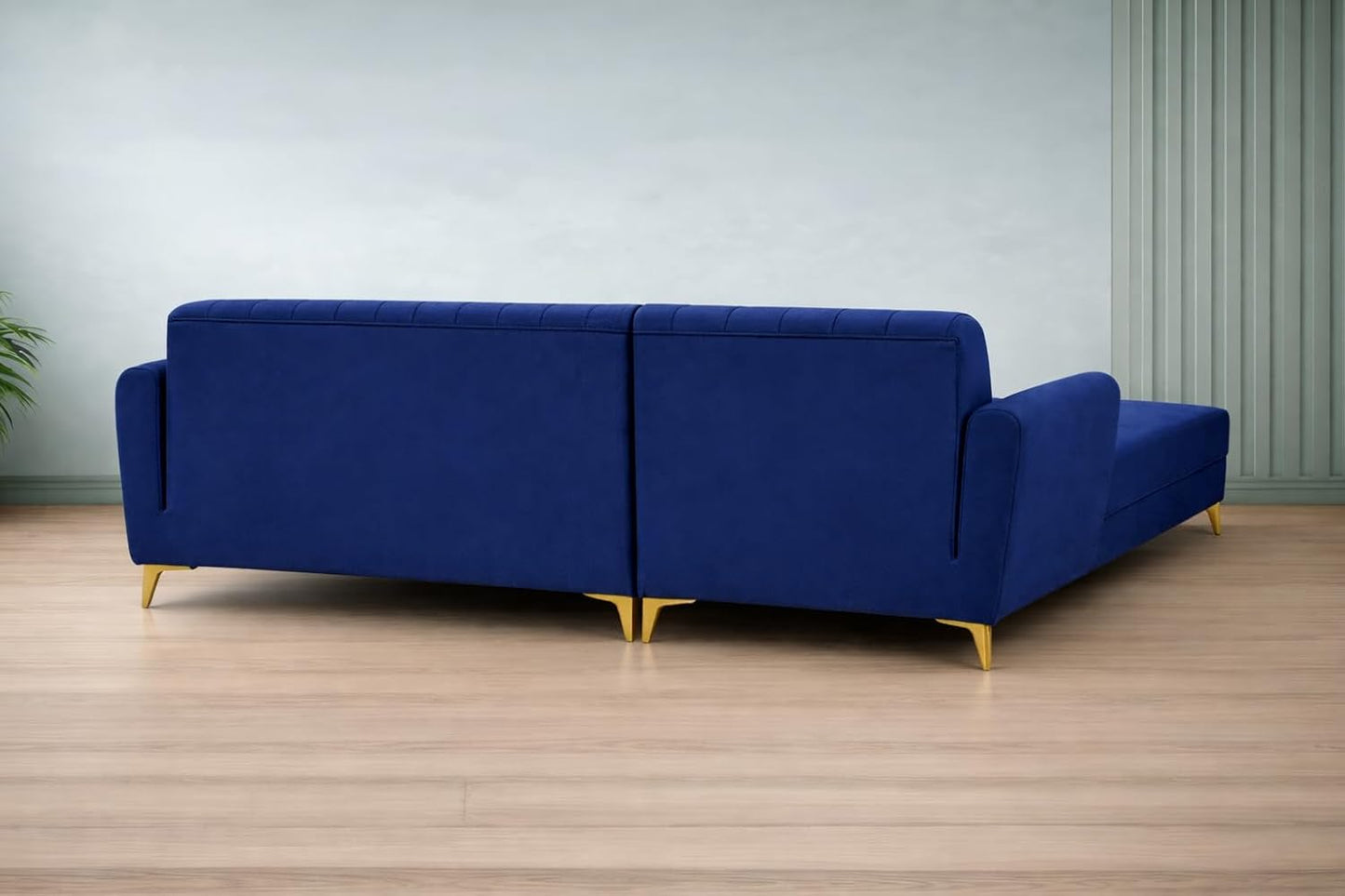 Adorn India Premium Luster 6 Seater L Shape Sofa Set | Velvet Suede Fabric | 3-Year Warranty | LHS |Color Blue with Golden Legs & Striped Pattern Cushion