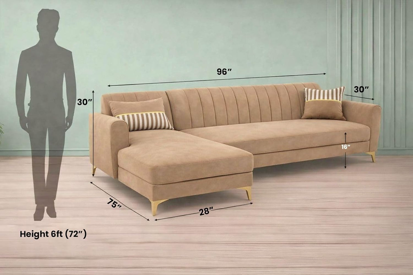 Adorn India Premium Luster 6 Seater L Shape Sofa Set | Velvet Suede Fabric | 3-Year Warranty | LHS |Color Camel with Golden Legs & Striped Pattern Cushion