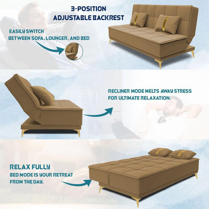 Adorn India Wood New Alyssum 3 Seater Sofa Cum Bed Velvet (Beige)