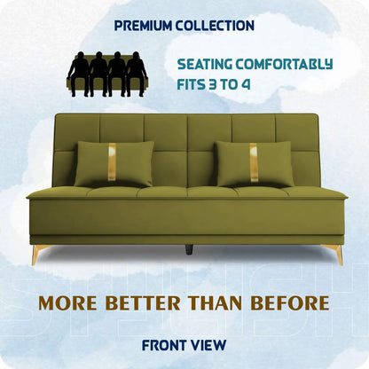 Adorn India Premium New Alyssum 3 Seater Sofa Cum Bed 4X6 Velvet Suede with 2 Cushions (Color Light Green) and Suitable for All Indoor, with 3 Years Warranty