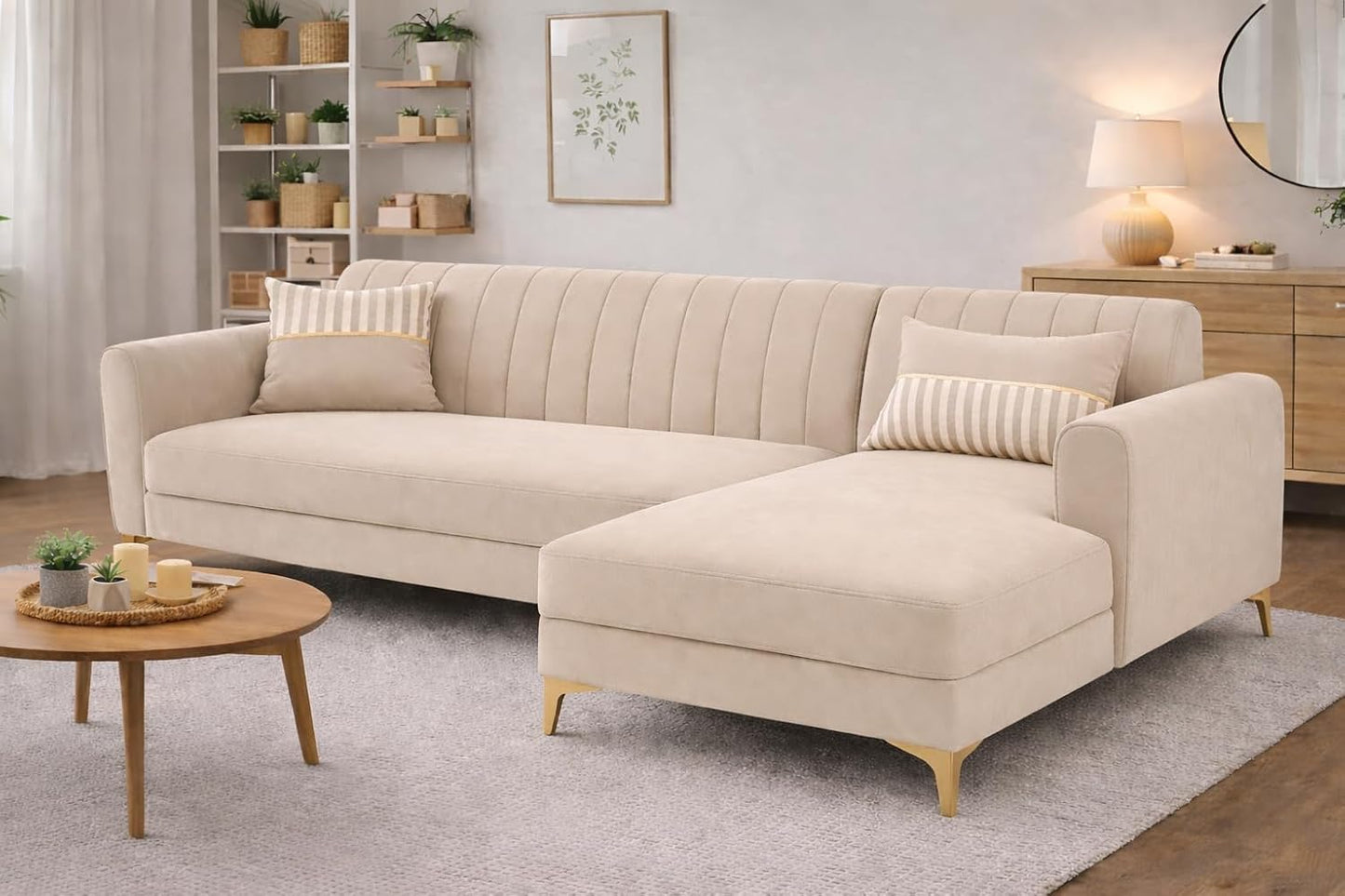 Adorn India Premium Luster 6 Seater L Shape Sofa Set | Velvet Suede Fabric | 3-Year Warranty | RHS |Color Cream with Golden Legs & Striped Pattern Cushion
