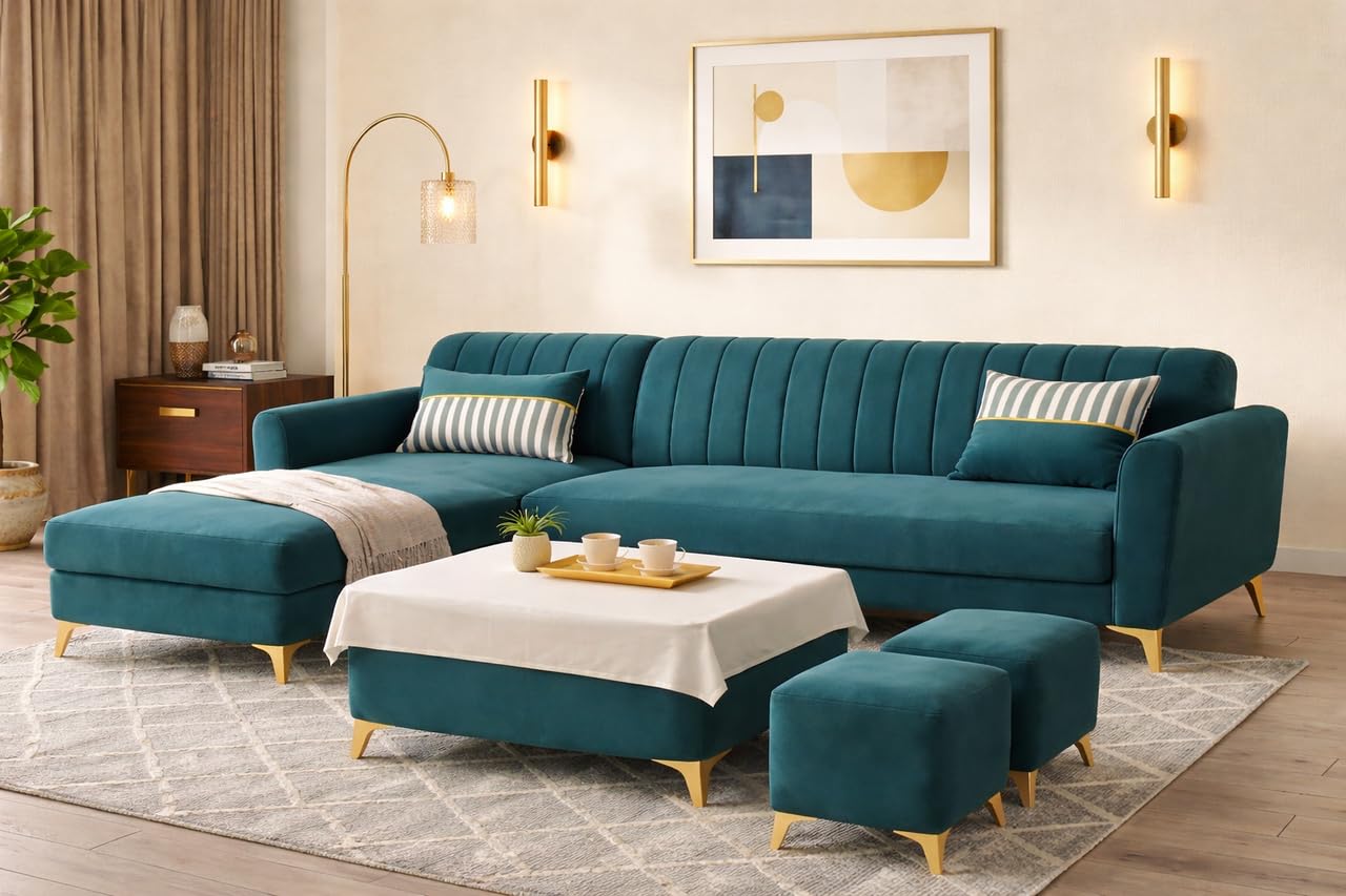 Adorn India Premium Luster 8 Seater L Shape Sofa Set with 2 Puffy & 1 Center Table | Velvet Suede Fabric | 3-Year Warranty | LHS | Ocean Blue with Golden Legs & Striped Pattern Cushion
