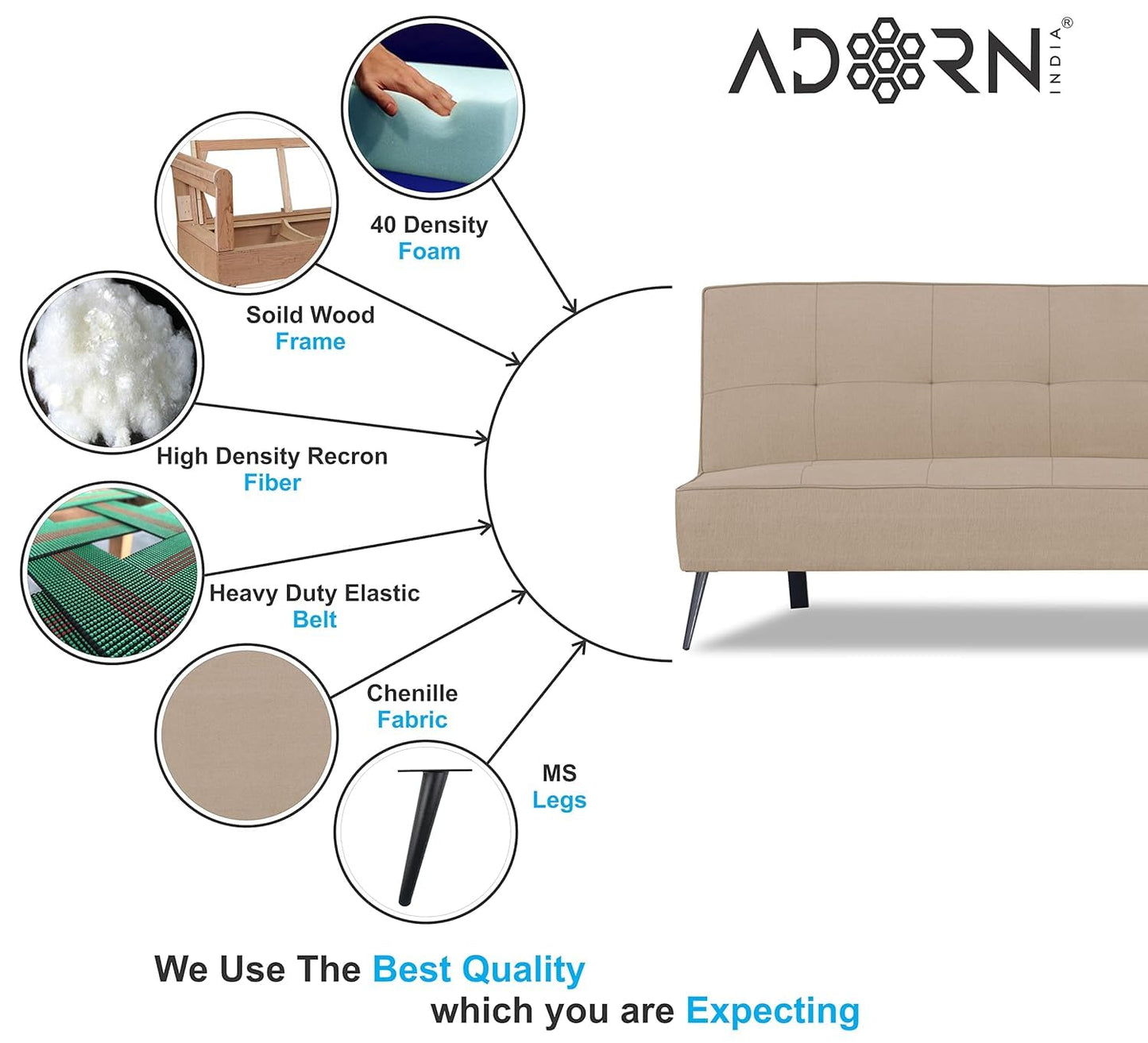 Adorn India Benjamin 3 Seater Sofa Cum Bed (Beige) (3 Year Warranty)