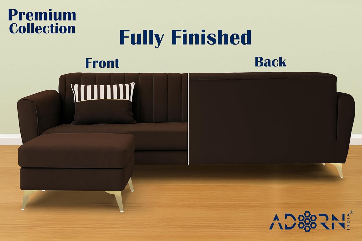 Adorn India Premium Luster 4 Seater L Shape Sofa Set | Velvet Suede Fabric | 3-Year Warranty | Color Grey Brown with Golden Legs & Striped Pattern Cushion