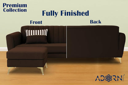 Adorn India Premium Luster 4 Seater L Shape Sofa Set | Velvet Suede Fabric | 3-Year Warranty | Color Grey Brown with Golden Legs & Striped Pattern Cushion