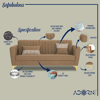 Adorn India Premium Luster 3 Seater | Velvet Suede Fabric | 3-Year Warranty | Color Camel with Golden Legs & Striped Pattern Cushion