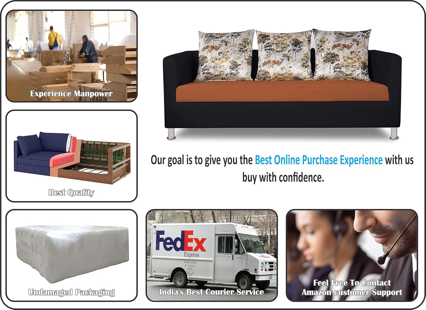 Adorn India Alita 3+2+1 Compact 6 Seater Sofa Set (Rust & Black)