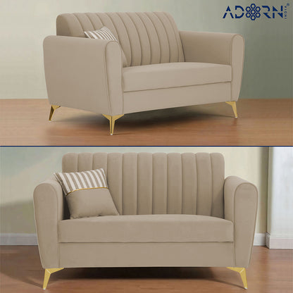 Adorn India Premium Luster 3-2-1 Sofa Set | Velvet Suede Fabric | 3-Year Warranty | Color Beige with Golden Legs & Striped Pattern Cushion