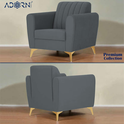 Adorn India Premium Luster 3-1-1 Sofa Set | Velvet Suede Fabric | 3-Year Warranty | Color Dark Grey with Golden Legs & Striped Pattern Cushion