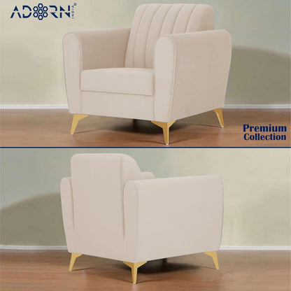 Adorn India Premium Luster 3-1-1 Sofa Set | Velvet Suede Fabric | 3-Year Warranty | Color Cream with Golden Legs & Striped Pattern Cushion