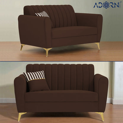 Adorn India Premium Luster 2 Seater | Velvet Suede Fabric | 3-Year Warranty | Color Brown with Golden Legs & Striped Pattern Cushion