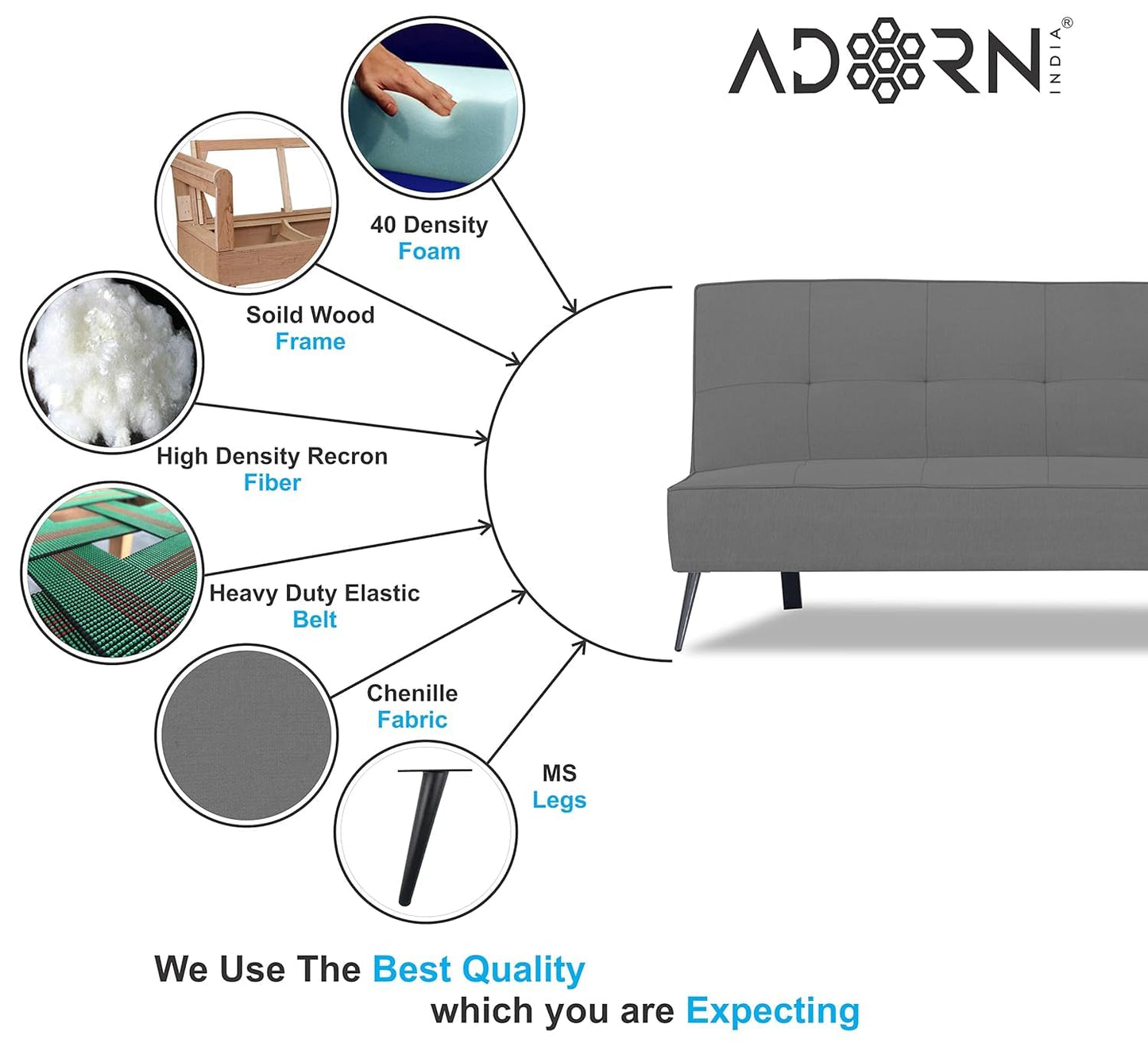Adorn India Benjamin 3 Seater Sofa Cum Bed (Grey) (3 Year Warranty)