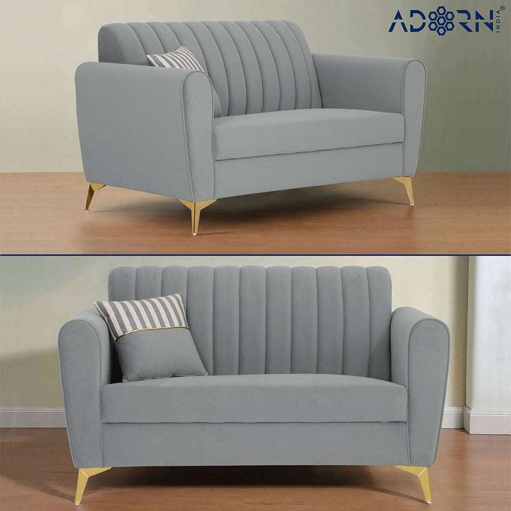 Adorn India Premium Luster 3+2+1 Sofa Set | Velvet Suede Fabric | 3-Year Warranty | Color Grey with Golden Legs & Striped Pattern Cushion