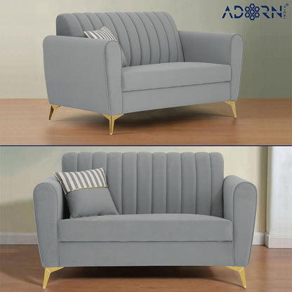 Adorn India Premium Luster 3+2+1 Sofa Set | Velvet Suede Fabric | 3-Year Warranty | Color Grey with Golden Legs & Striped Pattern Cushion