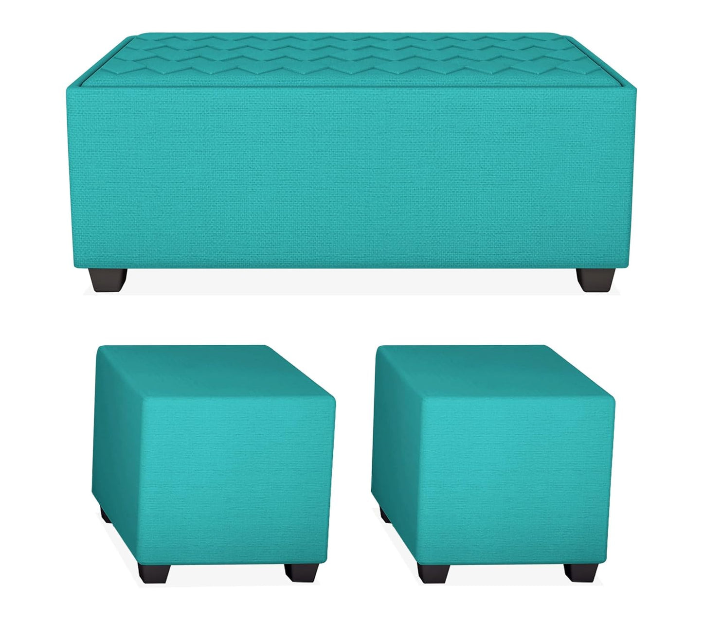 Adorn India Rio Elegant L Shape 8 Seater Sofa Set with Center Table and 2 Ottoman Puffy (LHS) (Aqua Blue) (3 Year Warranty)