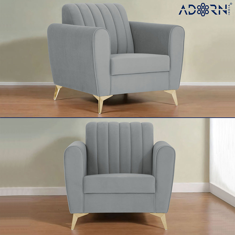 Adorn India Premium Luster 3+1+1 Sofa Set | Velvet Suede Fabric | 3-Year Warranty | Color Grey with Golden Legs & Striped Pattern Cushion
