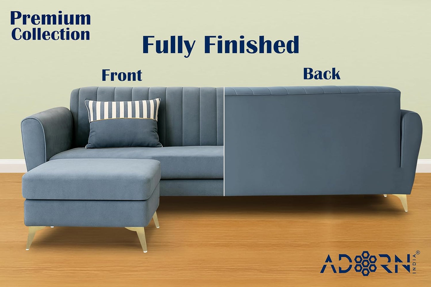 Adorn India Premium Luster 4 Seater L Shape Sofa Set | Velvet Suede Fabric | 3-Year Warranty | Color Grey with Golden Legs & Striped Pattern Cushion