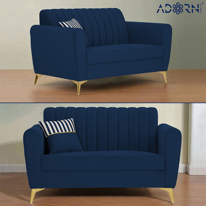 Adorn India Premium Luster 3-2-1 Sofa Set | Velvet Suede Fabric | 3-Year Warranty | Color Blue with Golden Legs & Striped Pattern Cushion