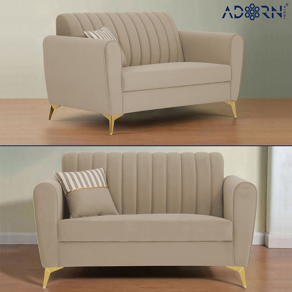 Adorn India Premium Luster 2 Seater | Velvet Suede Fabric | 3-Year Warranty | Color Beige with Golden Legs & Striped Pattern Cushion
