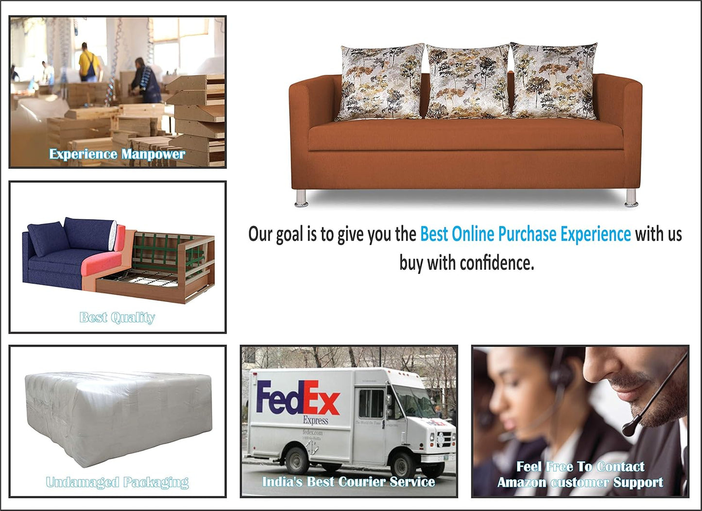 Adorn India Alita 3+2 Compact 5 Seater Sofa Set (Rust)