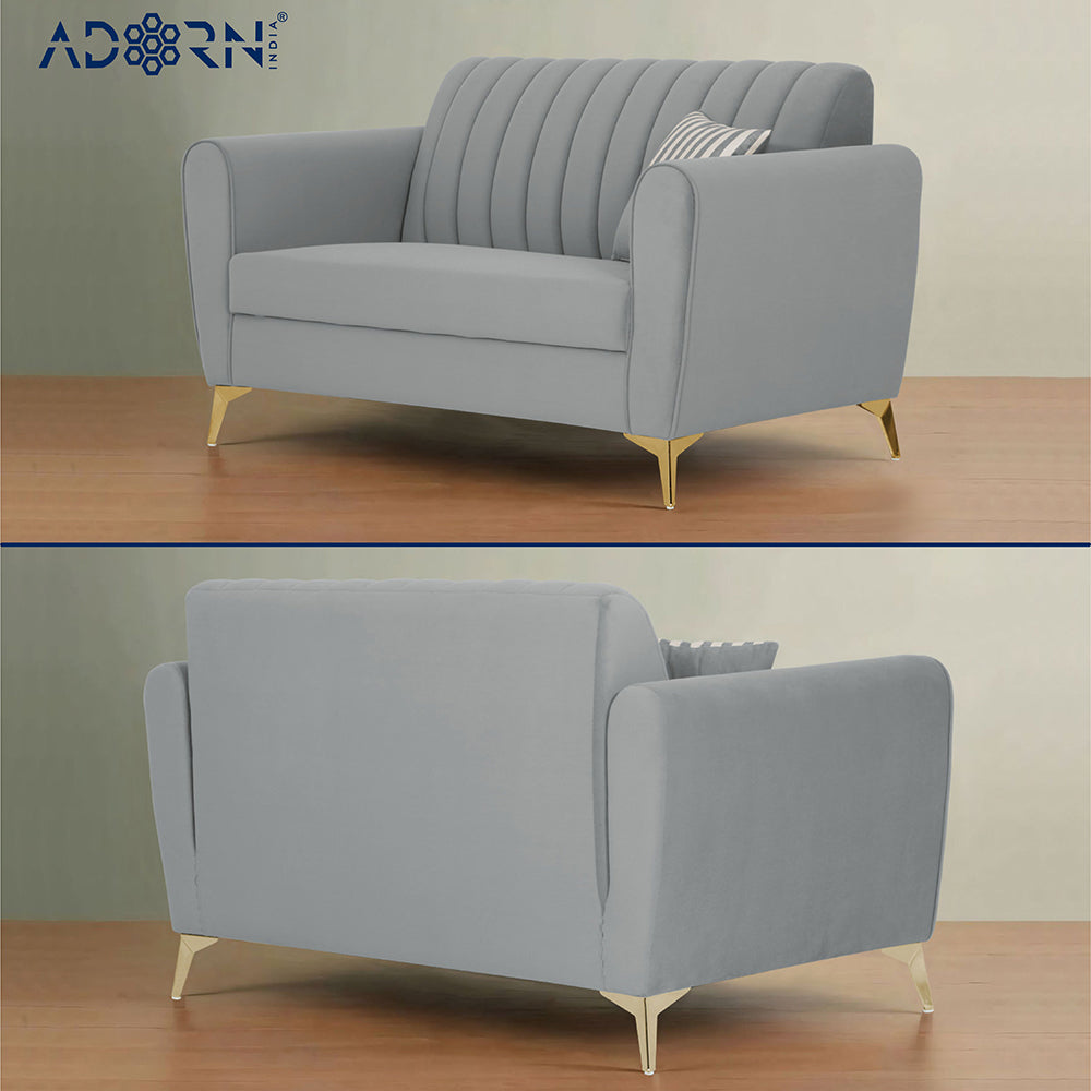 Adorn India Premium Luster 3+2 Sofa Set | Velvet Suede Fabric | 3-Year Warranty | Color Grey with Golden Legs & Striped Pattern Cushion