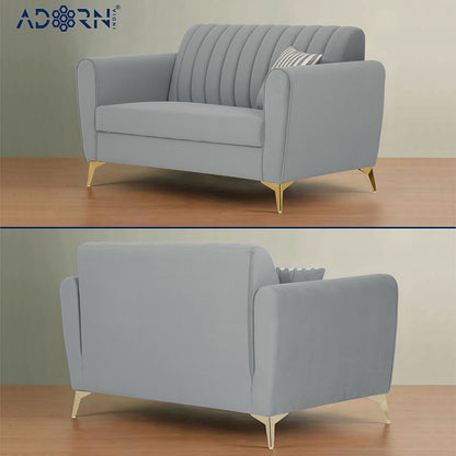 Adorn India Premium Luster 3+2 Sofa Set | Velvet Suede Fabric | 3-Year Warranty | Color Grey with Golden Legs & Striped Pattern Cushion