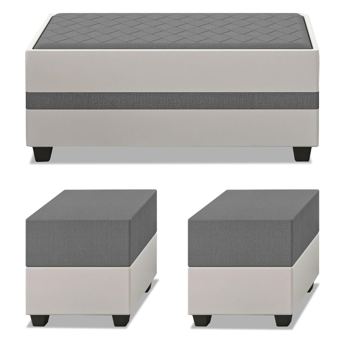 Adorn India Ashley Digitel Print Leatherette Fabric L Shape 8 Seater Sofa Set with 2 Ottoman Puffy & Center Table RHS (Grey & White) (3 Year Warranty)