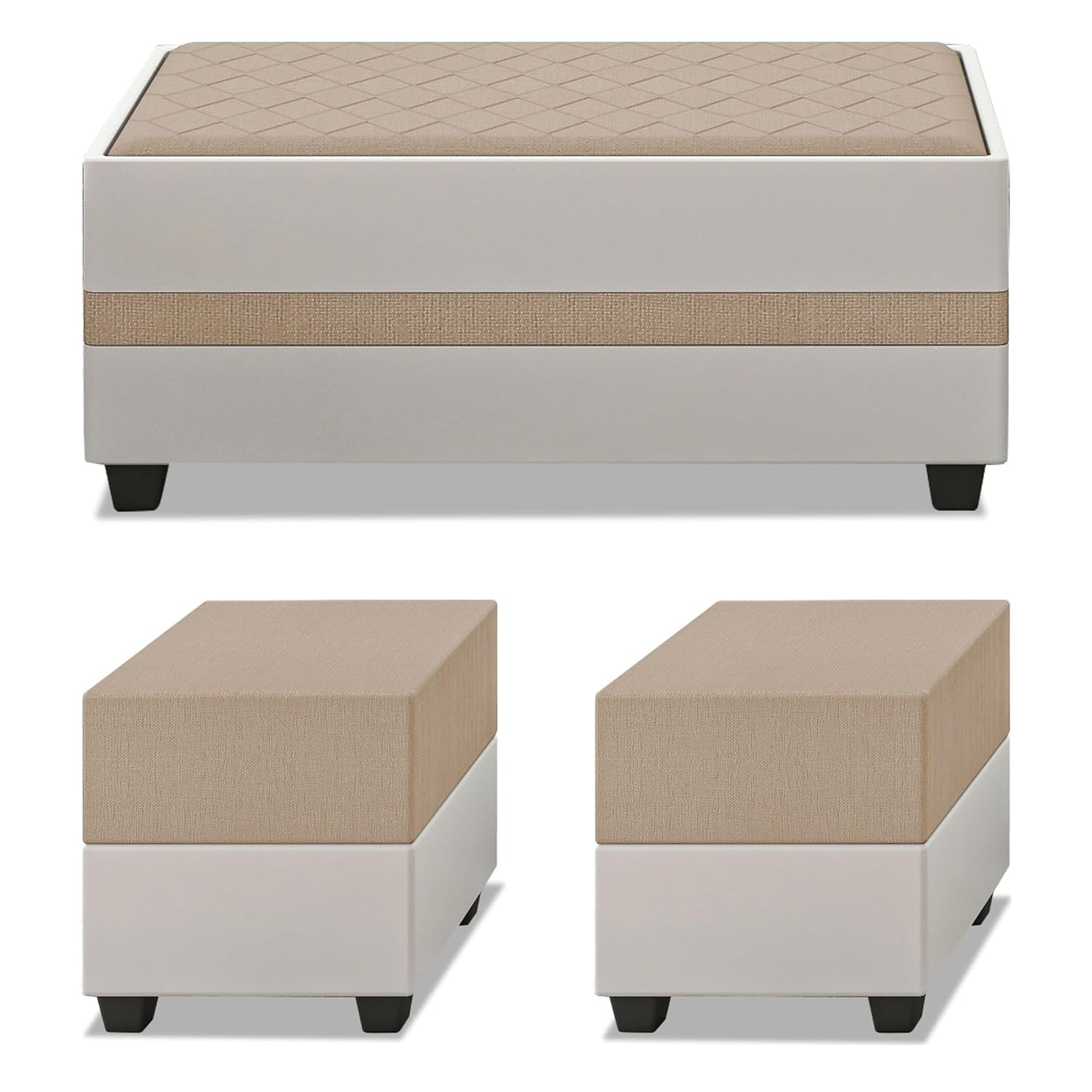 Adorn India Ashley Digitel Print Leatherette Fabric L Shape 8 Seater Sofa Set with 2 Ottoman Puffy & Center Table LHS (Beige & White) (3 Year Warranty)