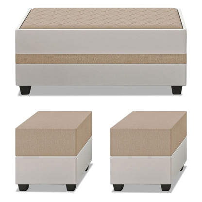 Adorn India Ashley Digitel Print Leatherette Fabric L Shape 8 Seater Sofa Set with 2 Ottoman Puffy & Center Table LHS (Beige & White) (3 Year Warranty)
