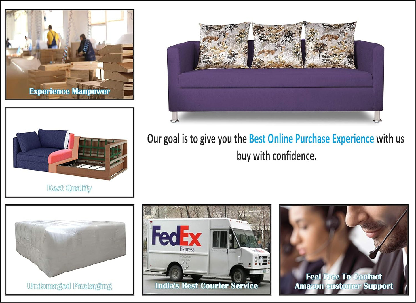 Adorn India Alita 3+2 Compact 5 Seater Sofa Set (Dark Purple)