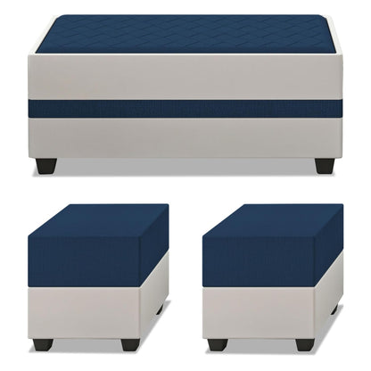 Adorn India Ashley Digitel Print Leatherette Fabric L Shape 8 Seater Sofa Set with 2 Ottoman Puffy & Center Table RHS (Blue & White) (3 Year Warranty)