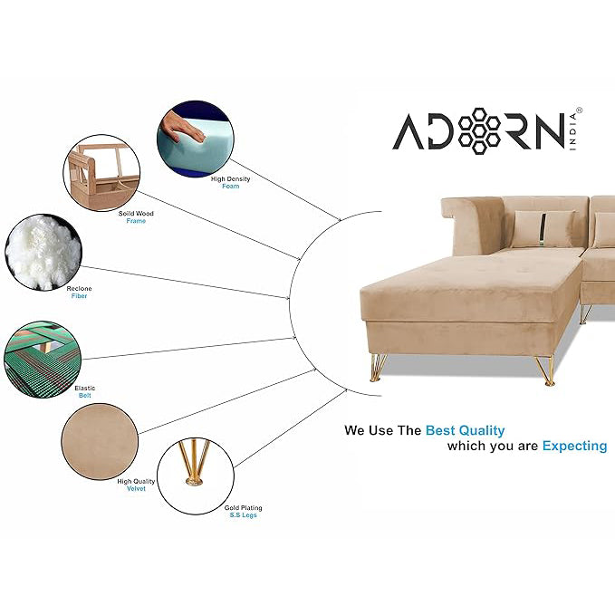 Adorn India Premium Raygan L Shape 6 Seater Sofa Set Left Side (Velvet Fabric Colour Beige)