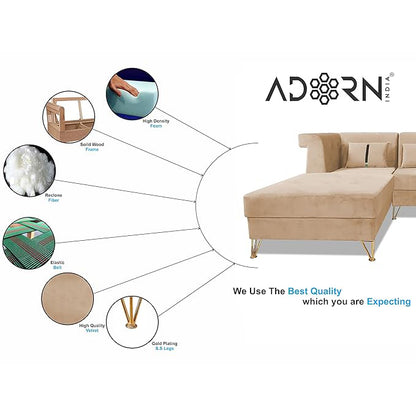 Adorn India Premium Raygan L Shape 6 Seater Sofa Set Left Side (Velvet Fabric Colour Beige)