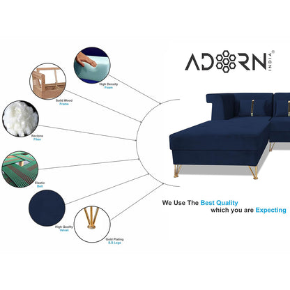 Adorn India Premium Raygan L Shape 6 Seater Sofa Set Left Side (Velvet Fabric Colour Blue)