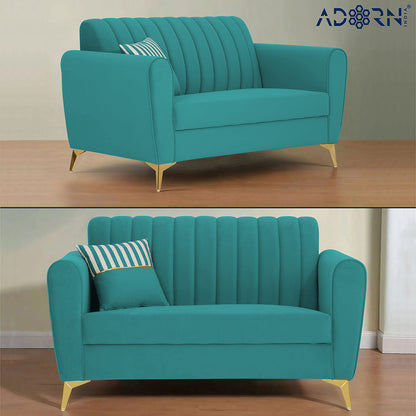 Adorn India Premium Luster 3-2 Sofa Set | Velvet Suede Fabric | 3-Year Warranty | Color Aqua Blue with Golden Legs & Striped Pattern Cushion