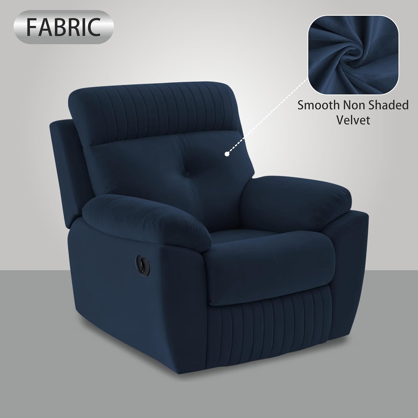 Adorn India Premium Majestic 1 Seater Recliner Manual Sofa Chair | Blue Suede Velvet Fabric | Soft Padded Back Rest & Handrest | Living Room Recliner Chair | 3 Years Warranty