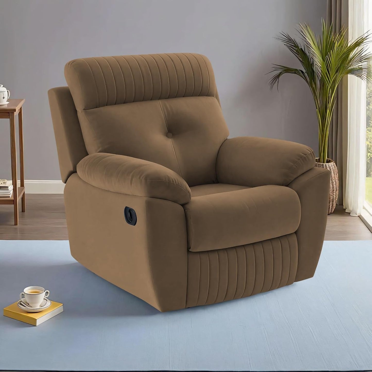 Adorn India Premium Majestic 1 Seater Recliner Manual Sofa Chair | Camel Suede Velvet Fabric | Soft Padded Back Rest & Handrest | Living Room Recliner Chair | 3 Years Warranty
