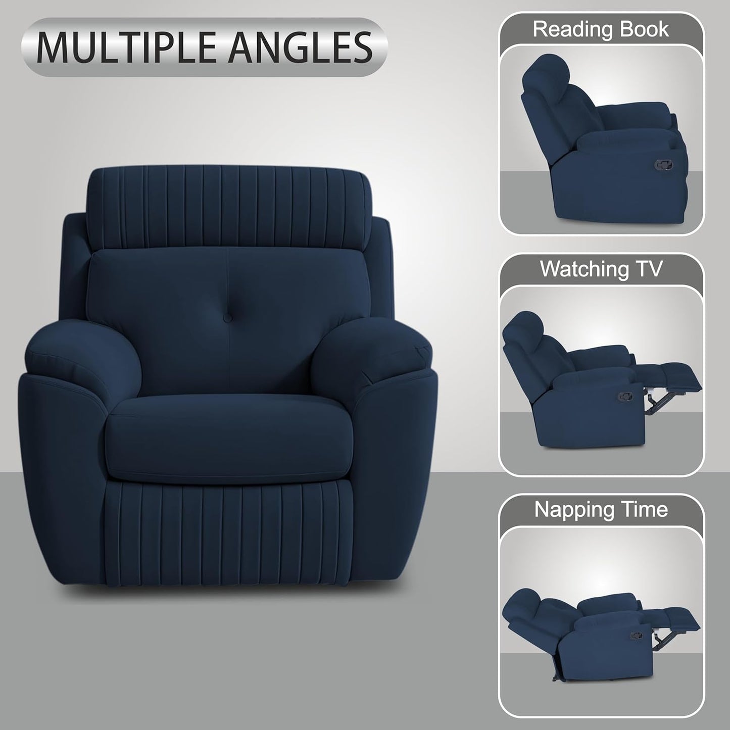 Adorn India Premium Majestic 1 Seater Recliner Manual Sofa Chair | Blue Suede Velvet Fabric | Soft Padded Back Rest & Handrest | Living Room Recliner Chair | 3 Years Warranty