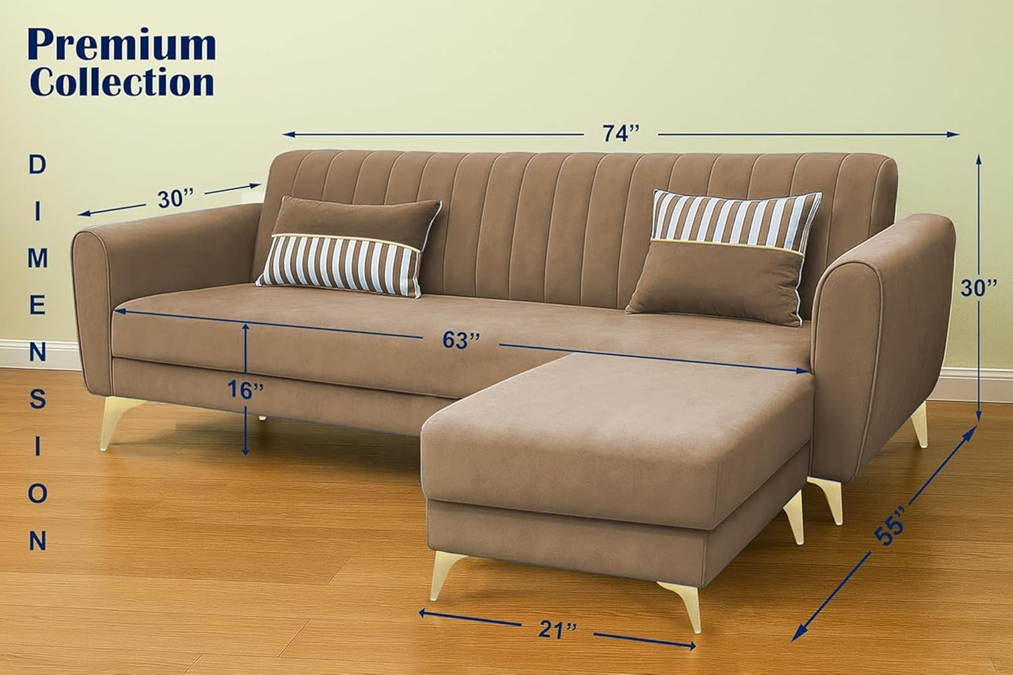 Adorn India Premium Luster 4 Seater L Shape Sofa Set | Velvet Suede Fabric | 3-Year Warranty | Color Camel with Golden Legs & Striped Pattern Cushion
