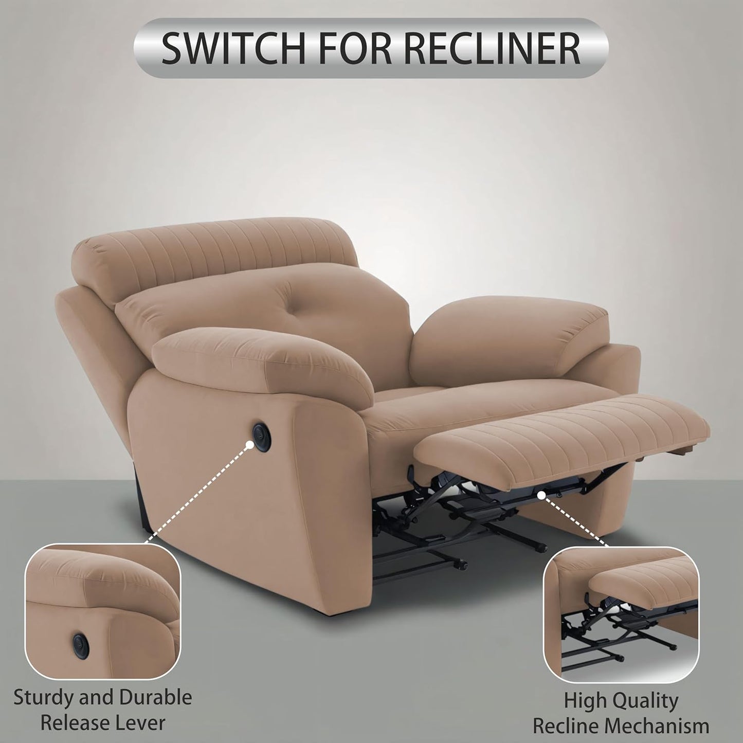 Adorn India Premium Majestic 1 Seater Recliner Manual Sofa Chair | Beige Suede Velvet Fabric | Soft Padded Back Rest & Handrest | Living Room Recliner Chair | 3 Years Warranty