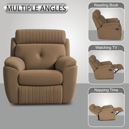 Adorn India Premium Majestic 1 Seater Recliner Manual Sofa Chair | Camel Suede Velvet Fabric | Soft Padded Back Rest & Handrest | Living Room Recliner Chair | 3 Years Warranty