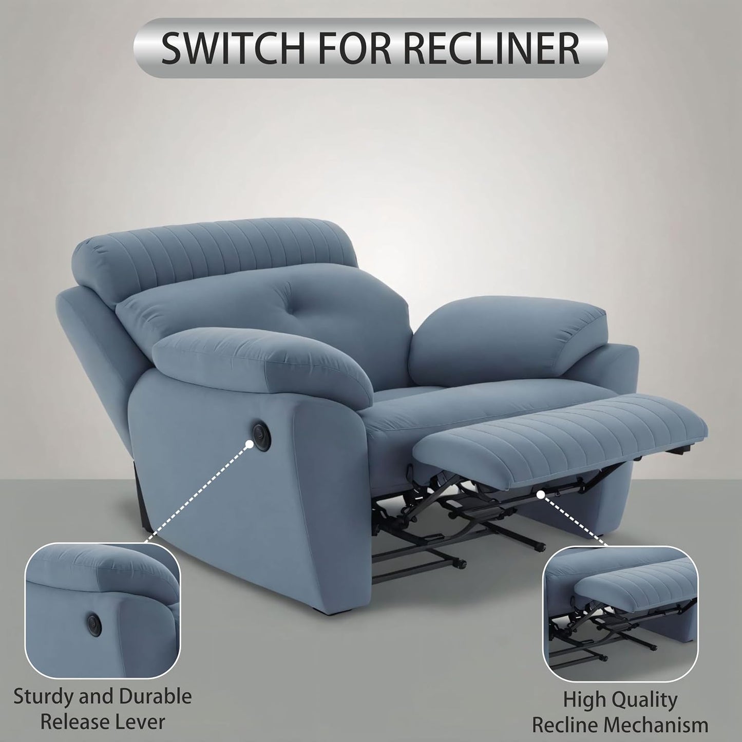 Adorn India Premium Majestic 1 Seater Recliner Manual Sofa Chair | Grey Suede Velvet Fabric | Soft Padded Back Rest & Handrest | Living Room Recliner Chair | 3 Years Warranty