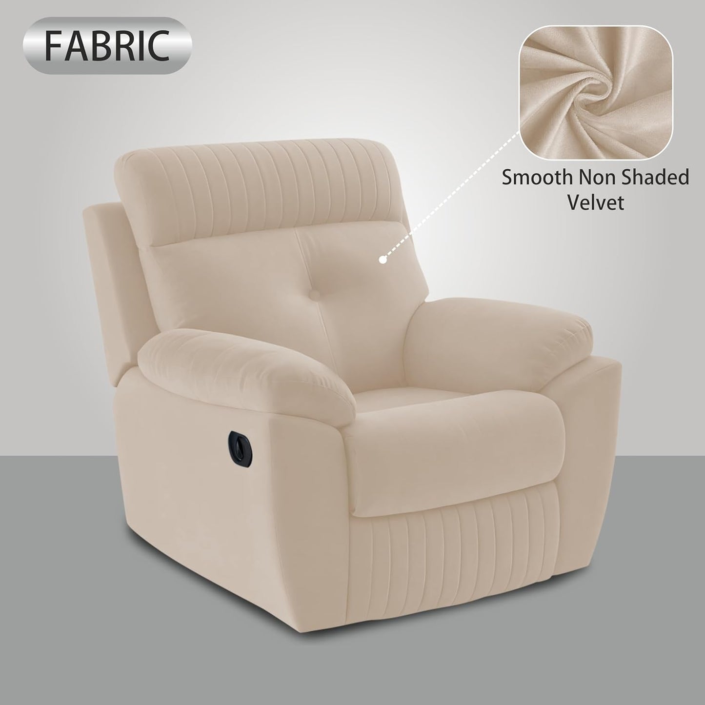 Adorn India Premium Majestic 1 Seater Recliner Manual Sofa Chair | Cream Suede Velvet Fabric | Soft Padded Back Rest & Handrest | Living Room Recliner Chair | 3 Years Warranty