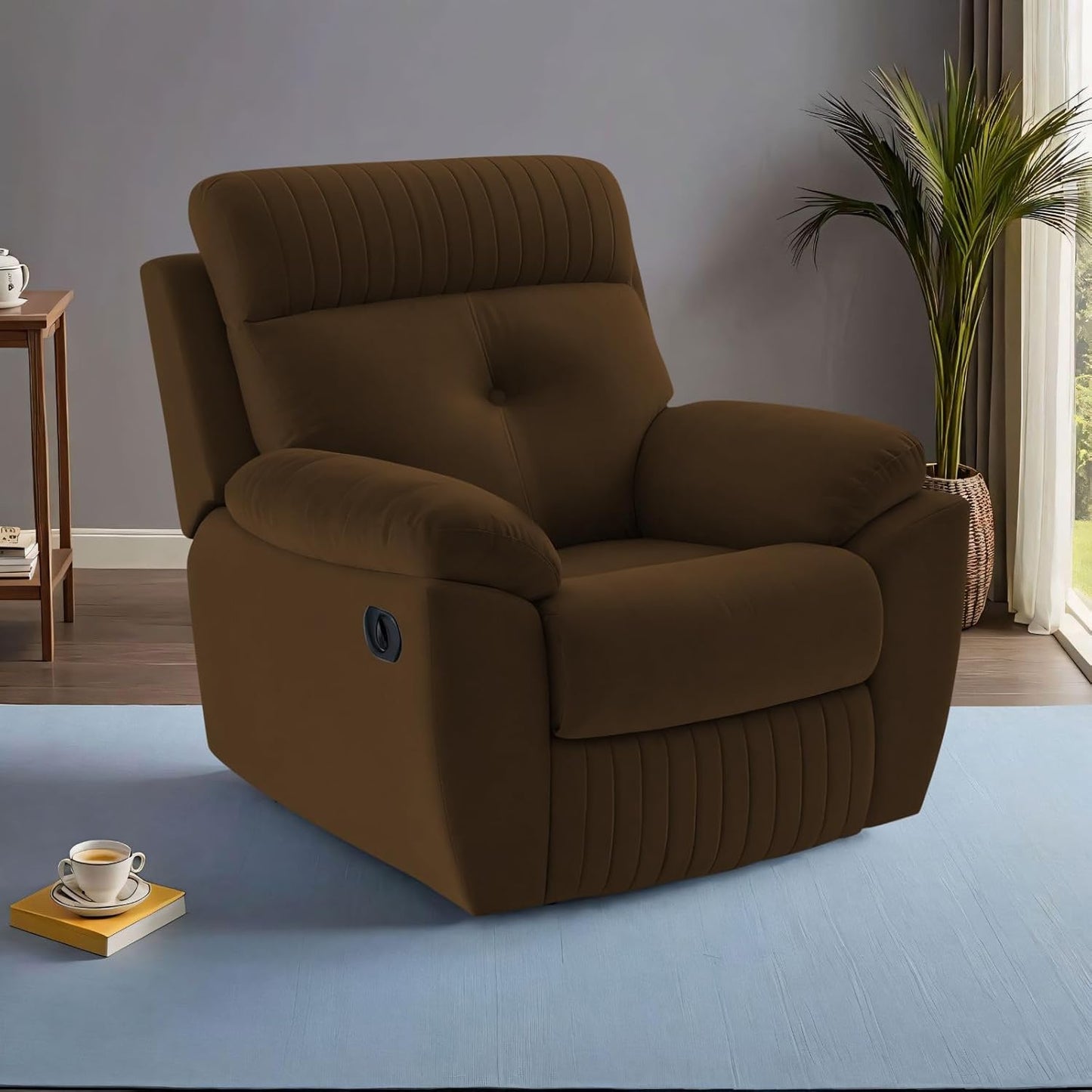 Adorn India Premium Majestic 1 Seater Recliner Manual Sofa Chair | Brown Suede Velvet Fabric | Soft Padded Back Rest & Handrest | Living Room Recliner Chair | 3 Years Warranty