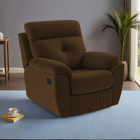 Adorn India Premium Majestic 1 Seater Recliner Manual Sofa Chair | Brown Suede Velvet Fabric | Soft Padded Back Rest & Handrest | Living Room Recliner Chair | 3 Years Warranty